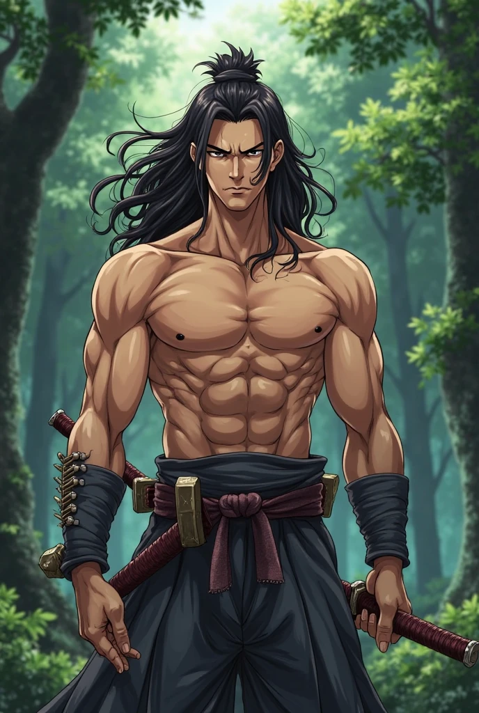 best quality (katana: 1.4), serious,(at night: 1.4), a single young man of 16 years who has his hair in black, long that are loose in the wind, his hair is continuous and poured down his body, straight and shiny, which fall gently to the waist. Your hair is thick and has a healthy appearance, your hair is large and not stuck, contrasting with your fair skin. The young man's eyes are deep and emerald green, intense as two light pearls. They reflect calm and an inquisitive curiosity. He has a big smile on his face and a menacing look. With his upright posture, the young man shows a confident bearing and a cheerful and hyperactive aura. He is shirtless and underneath wears the underside of a brown, black and light green kimono with details with printed grey clouds, with a large yellow ribbon at his waist, sleeveless, made of a quality fabric. giving him the look of a swordsman. At his waist, he carries a white katana with gray details on the blade. The long, sharp blade is made of polished steel, reflecting light. The katana grip is wrapped in black leather, offering a firm and secure grip. The scabbard of the sword adorned with demonic symbols. He's on a rocky mountain feeling the wind. He has a scar in one eye, which blinded him. He has a cheerful face. The trees sway in the background. Kimetsu no Yaiba style, alone, 1boy, a little muscular, demon slayer style, loose hair, petulant look, smiling, confident, only 1, spilled hair, loose and big hair, demon slayer artstyle, full body