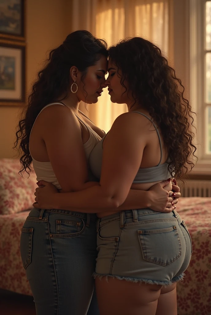 2girls, Beautiful asian woman, eyes closed, (Obesity Physique:1.2), Curvy Hips, Round belly, ((fat rolls)), big ass, thick thighs, soft, wide waist, fitting breasts, curvy accentuated booty, long messy hair, bun, longing gaze, taniaayusiregar, (tank top, boxershorts), in a vintage kitchen, kissing each other, evening, bokeh, realistic, nsfw