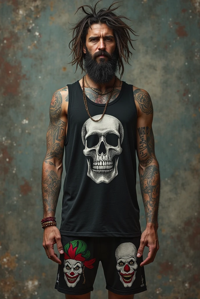 A man of average height with dark skin and curly hair wearing a green tank top with a skull print and a black denim shorts dress