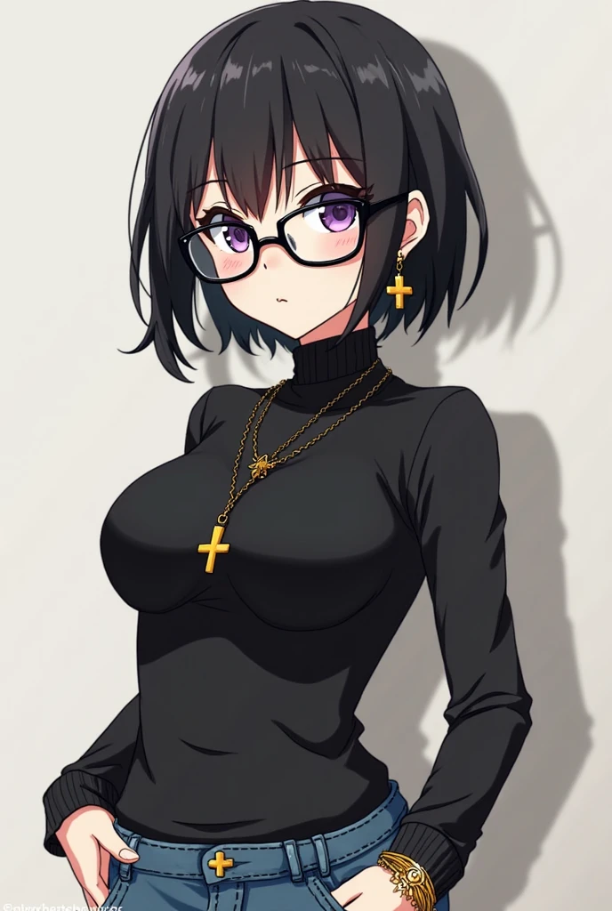 Shizuku Murasaki, 1girl, black hair, short hair, glasses, large breast, ((tight black long sleeve turtleneck, see-through)), upper body, looking at view, from below, (masterpiece, high resolution, best quality, anime screencap, anime colored, 8k, photorealistic), denim, inverted cross chain necklace