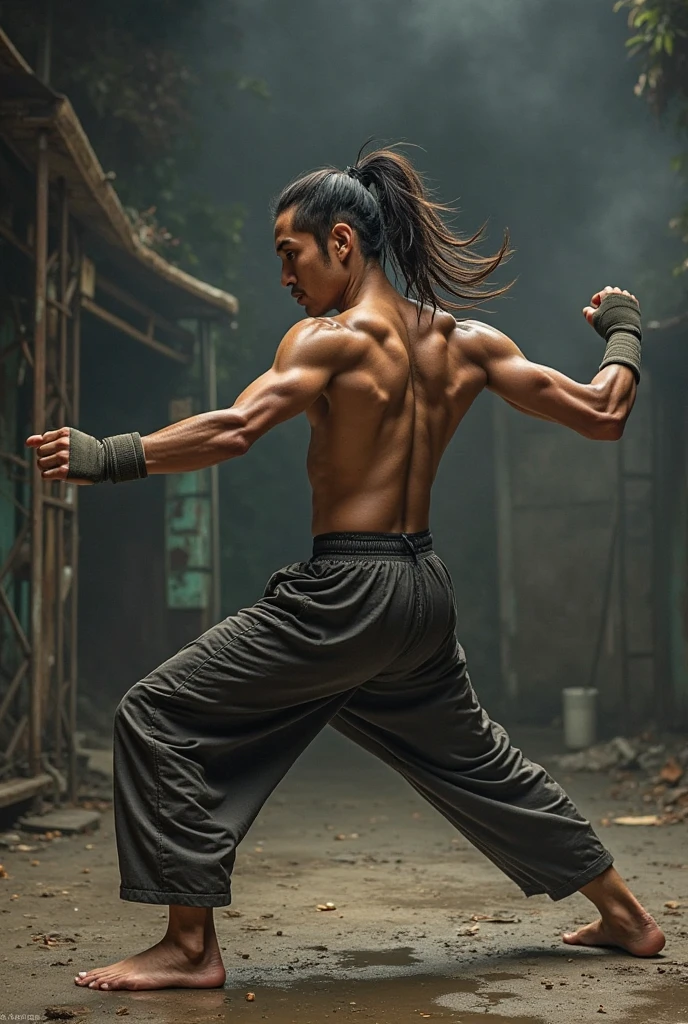 Capture the essence of a skilled warrior with this captivating prompt for a photography of a warrior, executing a precise and powerful strike with their chosen weapon, in a serene natural setting. The composition freezes a moment of intense focus and skill, as the warrior showcases their mastery of their chosen martial art form. The weapon they wield, whether it be a sword, staff, or a pair of nunchaku, becomes an extension of their body, moving with grace and precision. The natural setting adds a sense of tranquility and harmony, contrasting with the warrior's fierce determination and strength. The use of natural lighting and a shallow depth of field highlights the warrior's form and adds a sense of dynamism to the photograph. Photographed by renowned martial arts photographer Howard Schatz