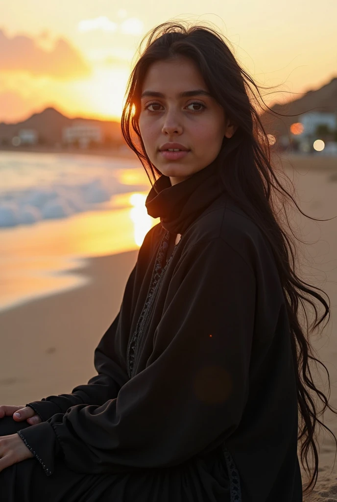 Portrait of A confident-looking indian woman named (((Geha Garayan))) with long flowing hair, hazel eyes, standing on a beach, wearing a black sweater, non-deformed hands, perfect composition, hyperrealistic, super detailed, 8k, high quality, trending art, trending on artstation, sharp focus, studio photo, intricate details, highly detailed, art by greg rutkowski