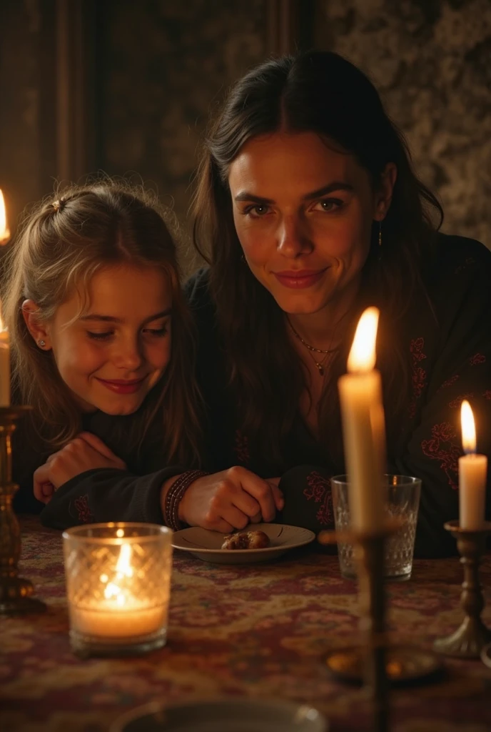 "Imagine a scene of familial warmth and storytelling in the quiet sanctuary of their chambers: see Robb Stark, portrayed by the tender-hearted Richard Madden, and Joanna Lannister, embodied by the gentle Sadie Sink, sitting side by side on the bed, their daughter nestled between them. With smiles adorning their faces, they recount a tale to their little daughter, her black curls framing her face and her grey eyes sparkling with wonder. The chamber is bathed in the soft glow of candlelight, casting a warm and inviting ambiance upon the scene. As they weave the tale together, their love and unity as a family shine brightly, creating a cherished memory to be treasured for years to come."