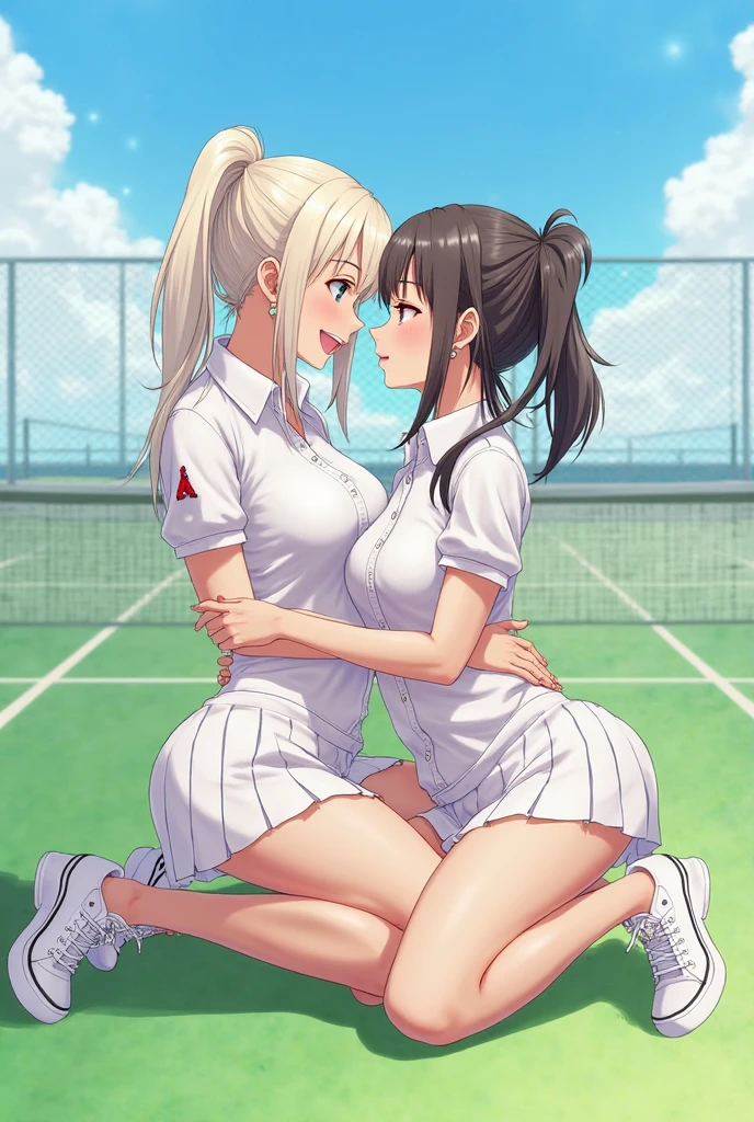 best quality,ultra-detailed,high resolution,extremely detailed CG,perfect anatomy,detailed,cinematic lighting,beautiful detailed eyes,ultra high res,(2girls:1.5),18years old,gleaming skin,oil skin,sweat,humid,trembling,strong light coming in,spot lighting,bright,revealing,nose blush,nsfw,(slut:1.2),(steam:1.2),(wet:0.8),(trembling:0.8),(drooling:0.6),(sweat:0.8),(nsfw:1.2),(Tennis uniform:1.2),(Young:1.2),Japanese,(Tennis court:1.2),large breasts,(Random Hairstyles:1.2),(full body:1.2),skirt,(Sheer tops:1.5),(lure:1.9),(Lesbian:1.9),(Taunt:1.9),(evening:1.3),Beautiful Face