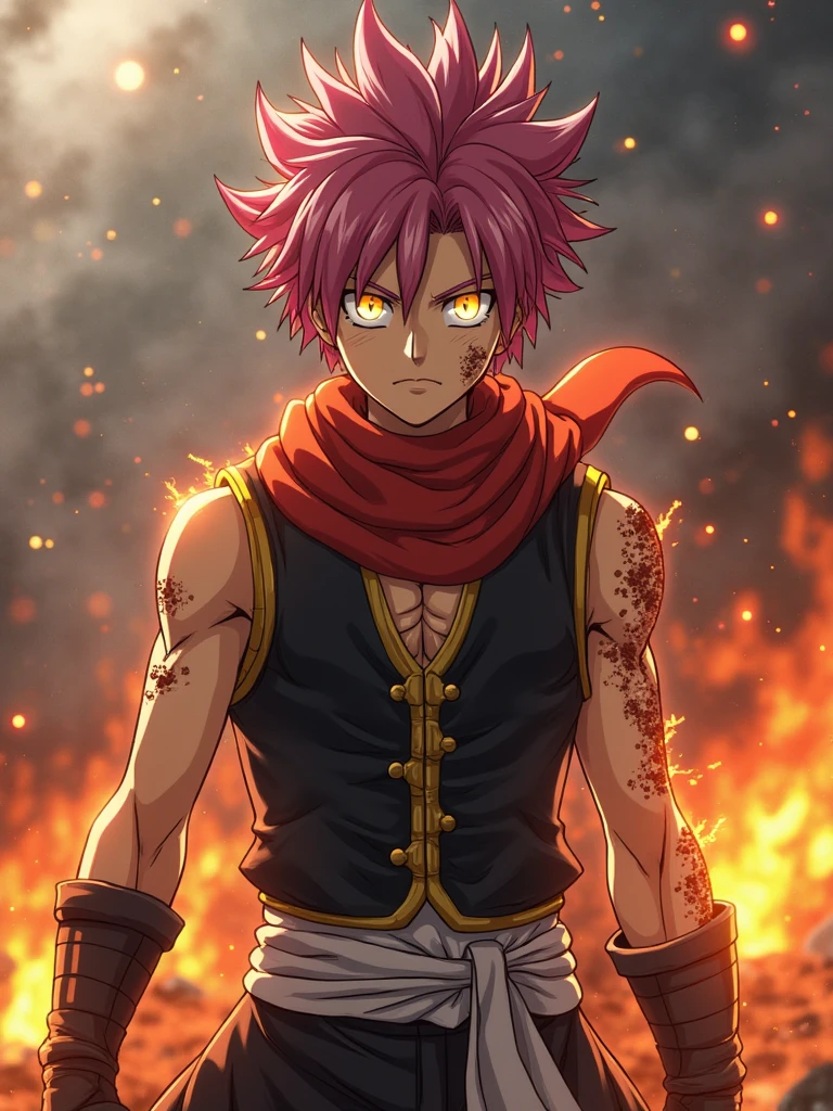 masterpiece, best quality red eyes, game cg, 1boy adult man, (naked:1.2) rugged adult face, solo, male focus, looking at viewer, upper body, Natsu Dragneel natsu_dragneel, pink hair, red eyes, (shirtless naked), toned muscle, pectorals, 8 abs, toned legs, naked, slightly bulged, (fire:1.5) and ember (particle effects:1.2), detailed, dynamic lighting, well lit, ((white scarf ))