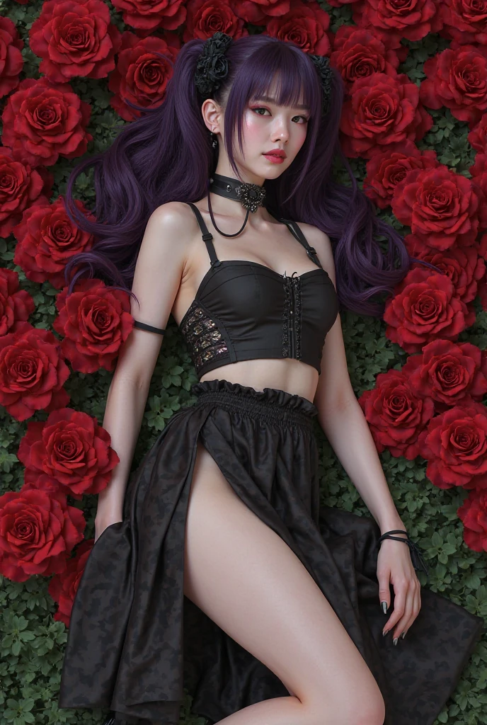A hauntingly beautiful portrait of a gothic gyaru girl, sporting vibrant orange and pink ombre flowers as the backdrop. Her smiling face glows with an otherworldly allure, framed by luscious purple flowing hair that cascades down her back like a dark waterfall. A garter belt cinches at her waist, accentuating her slender figure, while delicate lace underwear peeks out from beneath, exuding sweet and sexy charm. She poses seductively, as if beckoning the viewer into a realm of Halloween magic.