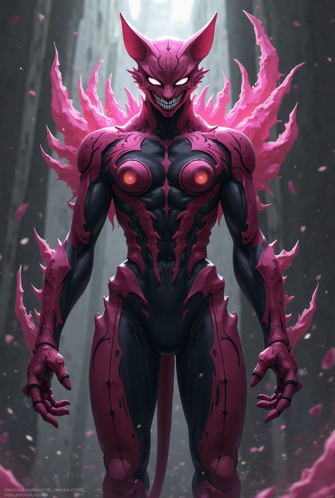 (high resolution、ultra detali)、Masterpiece artwork、maximum quality、only。pink smoke。Devil boy in smoke。radiant eyes。black and pink2Farbe。black backgrounds。The appearance of demons。bonitas。neon。projetos。Artwork by。Strong light from above。pink light。The whole body is a pink devil。The monster。Laught、Immersed in a cascade of magical fire energy, Glowing particles dance around you、An inexplicable symbol forms in the air