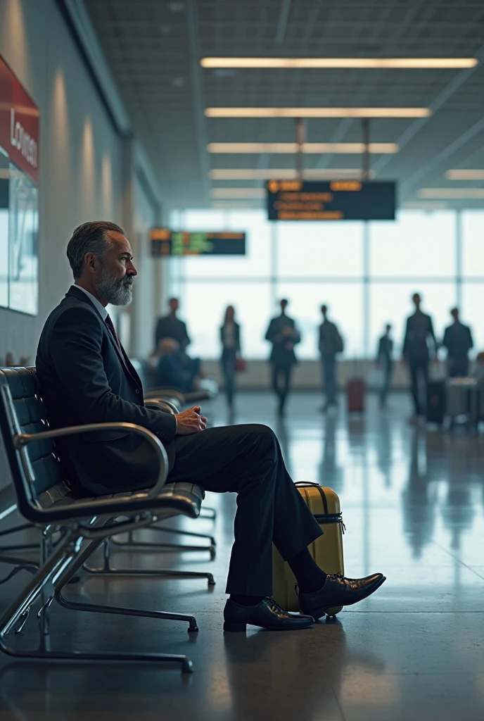 airport terminal from above, a man sitting in the middle of the walking people 