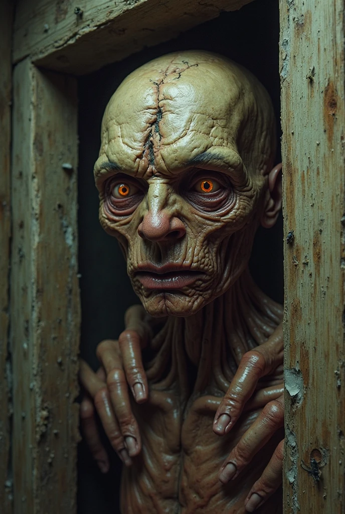 closeup shot photography of a Scarification covered ghoul inside a disused coal central by Tom Savini