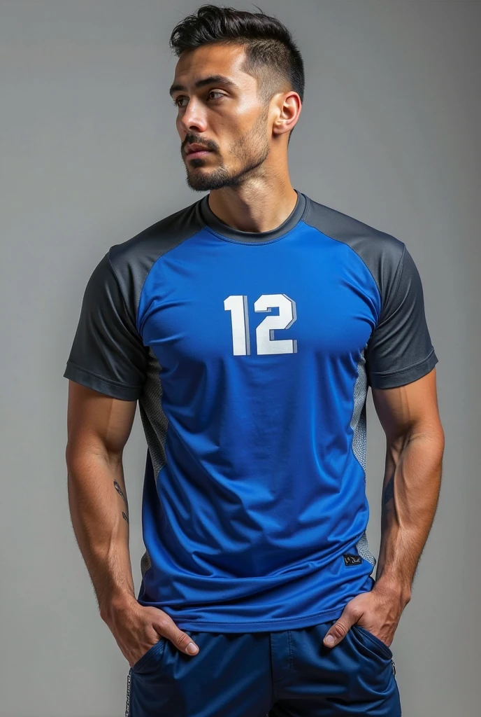 Tony Labrusca, A handsome, muscular young Asian man looks at the camera. In a plain blue t-shirt , Fieldside, grass, beach, sunlight