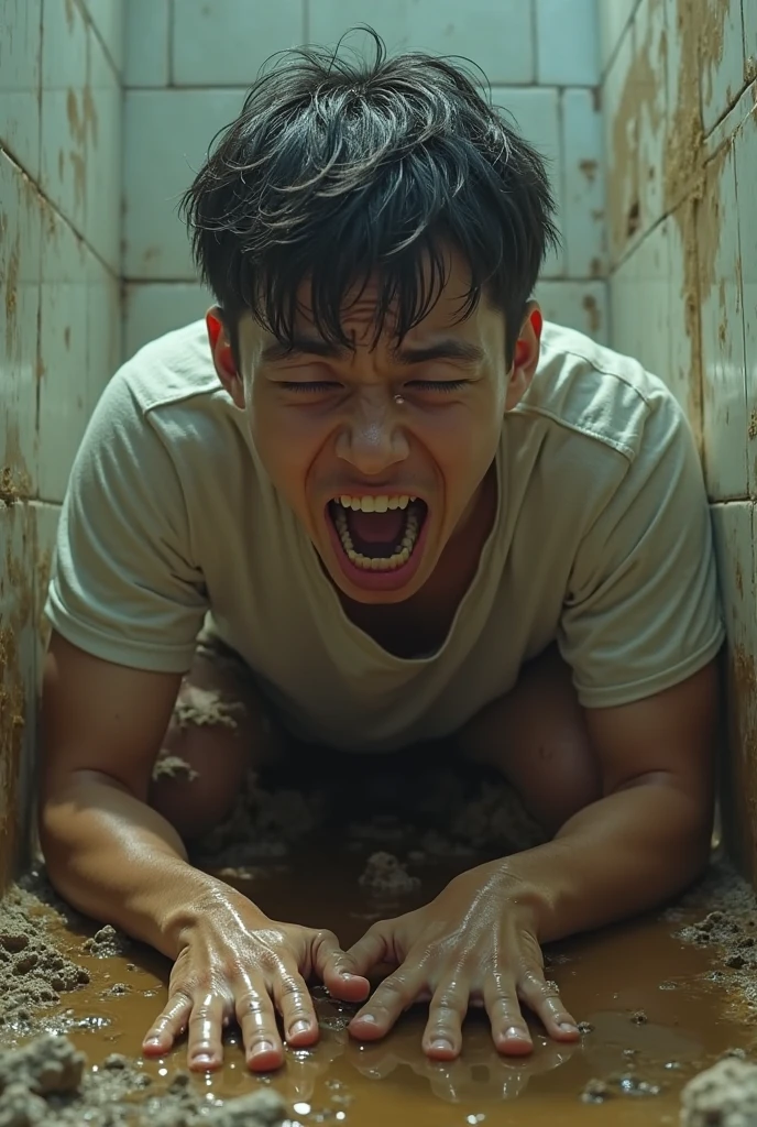 A young man has a stomachache while defecating