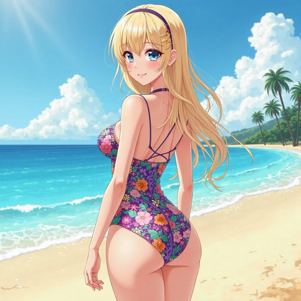 anime, beautiful face, highly detailed face, (highly detailed green eyes:1.2) , highly detailed beach background, best lighting, no shadows, 1girl, solo, outdoors, genshin impact, Kirara, bangs, beautiful long blonde hair, hair ornament, cat ears, absurdres, high res, ultrasharp, 8K, masterpiece, looking at viewer, blushing, (teasing smile:1.2), BREAK (detailed sexy beach bikini:1.4), (sexy pose:1.2), close up, (kneeling on the beach:1.25), (view from behind:1.2), ass view, looking over her shoulders 