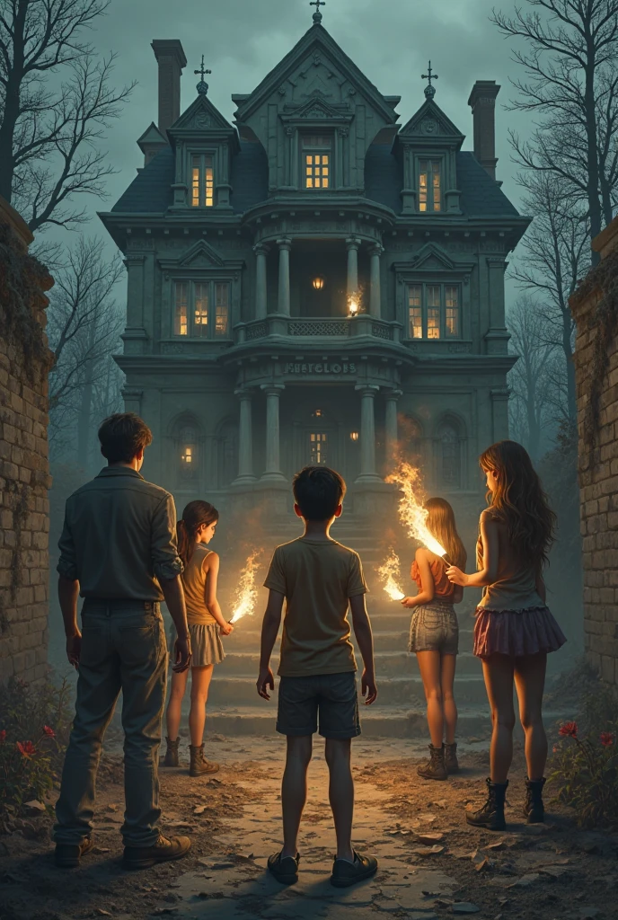 A movie poster with a shirtless brown boy with a brown girl with frock and hat and two brown boys with tshirt and shorts, a bald man with red shawl shirtless on background and an haunted house in the background