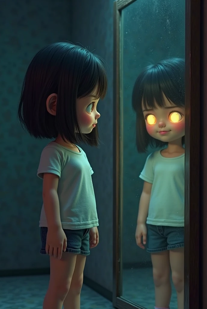 A young girl stands in front of a mirror and looks at her reflection. Her reflection in the mirror looks slightly distorted or different, as if she has a strange smile on one side of her face.