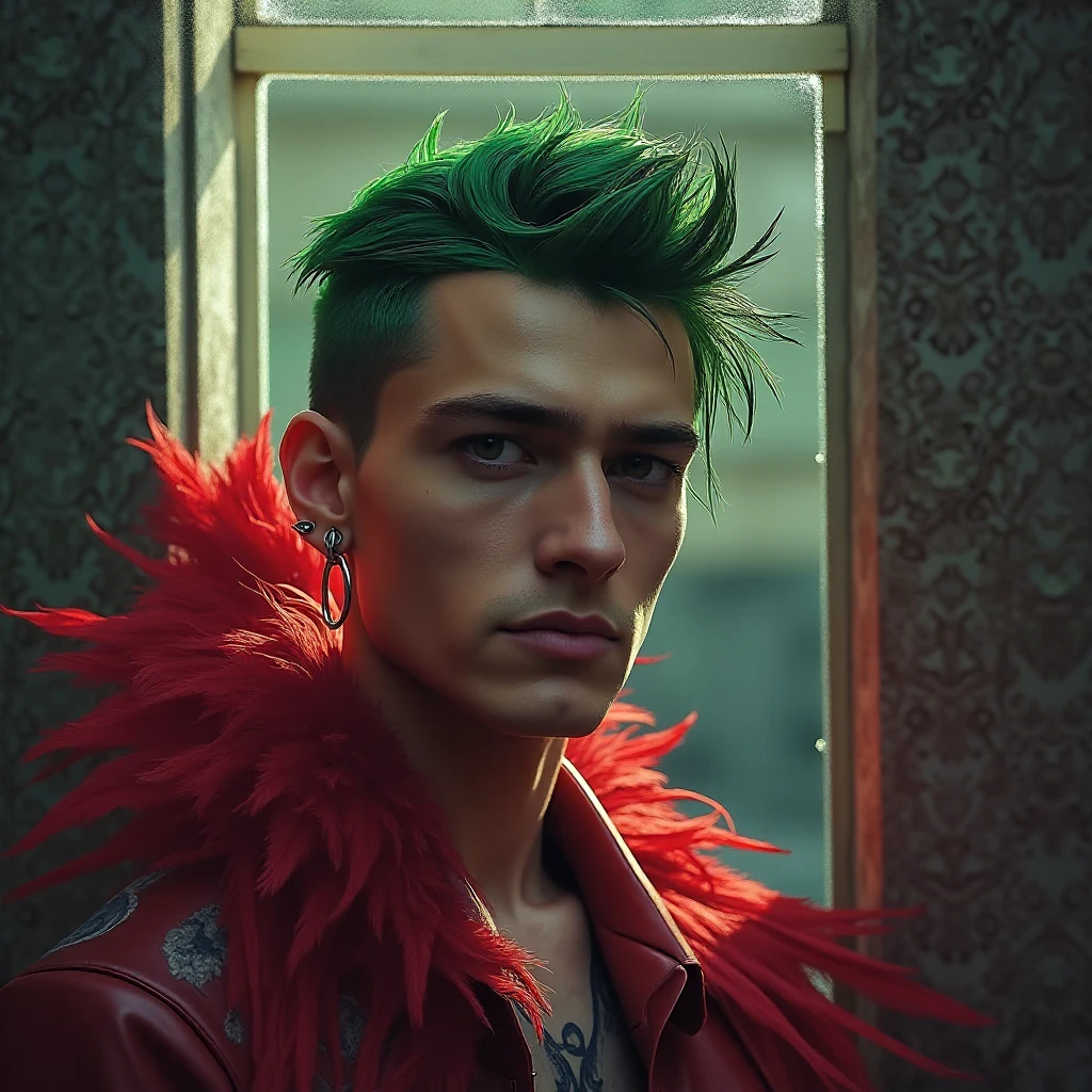 high resolution、Realistic、masterpiece、8k、Russian man、Young people、tall、Green reverse hairstyle、Long Hair、cheekbones are protruding、Shaky jaw、(((no eyebrows)))、Sharp eyes、Long, pointed canines、Sharp teeth、Nose ring piercing、smile、Large tattoo in the center of the chest、Dark red feather collar jacket、open breast、On the boat
