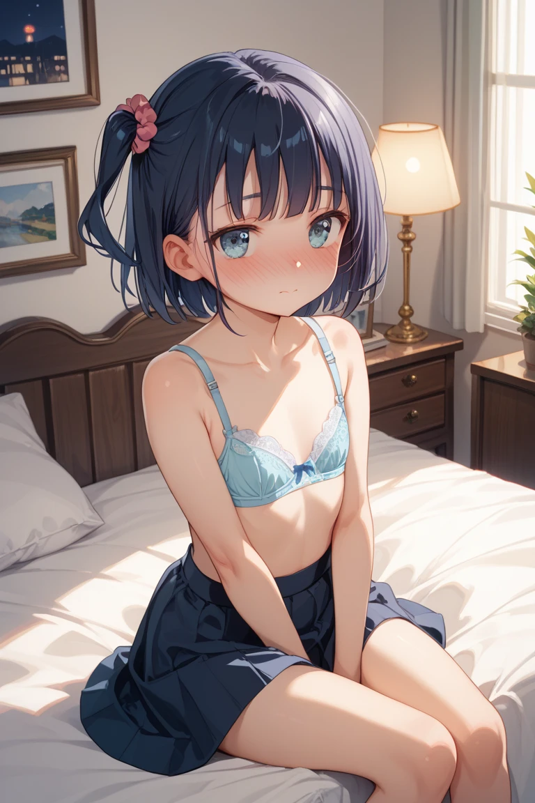 (Masterpiece、high quality、high resolution)、high school girl、underwear、On the bed、barefoot、Panties、bra、Changing clothes、blush、Embarrassing、looking at the camera