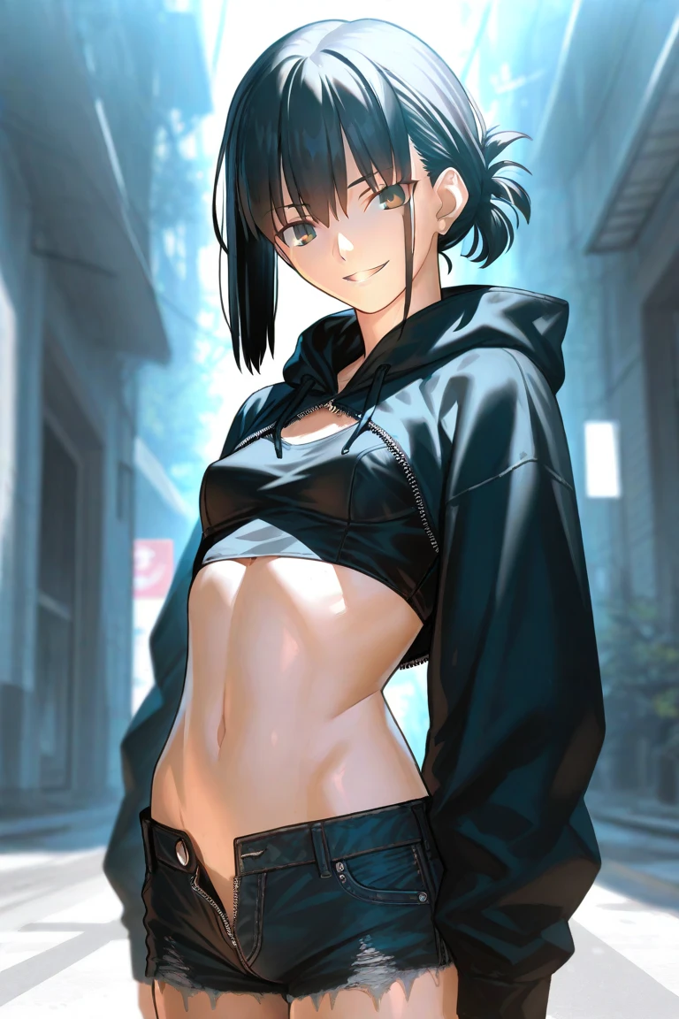 Anime, trap character, Young boy, 18 years old, Long hair, Short clothing, , Male Torso, woman face white top, Black jacket, Tattoo on the navel, Black hair, androgen, expression, Pink eyes, in the Alley, expression, Short shorts, 4k good anatomy, masutepiece, Detailed face, Best Quality