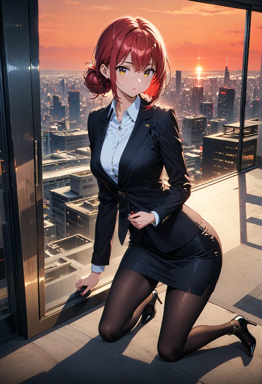 ((masterpiece, best quality, ultra-detailed)), beautiful angry business woman pointing at viewer, black business suit, pink blouse, black midi pencil skirt, business skirt, black blazer, heels, full body, red hair, office building, office desk in background, window