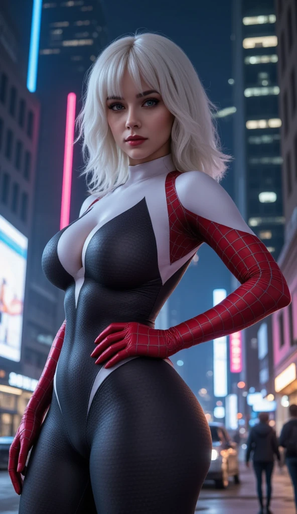 (Masterpiece, 4k resolution, ultra-realistic, very detailed), (White superhero theme, charismatic, there's a girl on top of town, wearing Spider-Man costume, she's a superhero), [ ((25 years), (long white hair:1.2), full body, (blue eyes:1.2), ((Spider-Man pose),show of strength, jumping from one building to another), ((sandy urban environment):0.8)| (cityscape, at night, dynamic lights), (full moon))] # Explanation: The Prompt mainly describes a 4K painting of ultra-high definition, very realistic, very detailed. It shows a superheroine at the top of the city, wearing a Spider-Man costume. The theme in the painting is a white superhero theme, the female protagonist has long white hair, is 25 years old and her entire body is shown in the painting. In terms of portraying the actions of superheroines, spiders are employed, (masterpiece:1.4), (8k, photorealistic, RAW photo, best quality: 1.4), (no bra:1.4), perky_nipples, (ratio fingers:1.5)