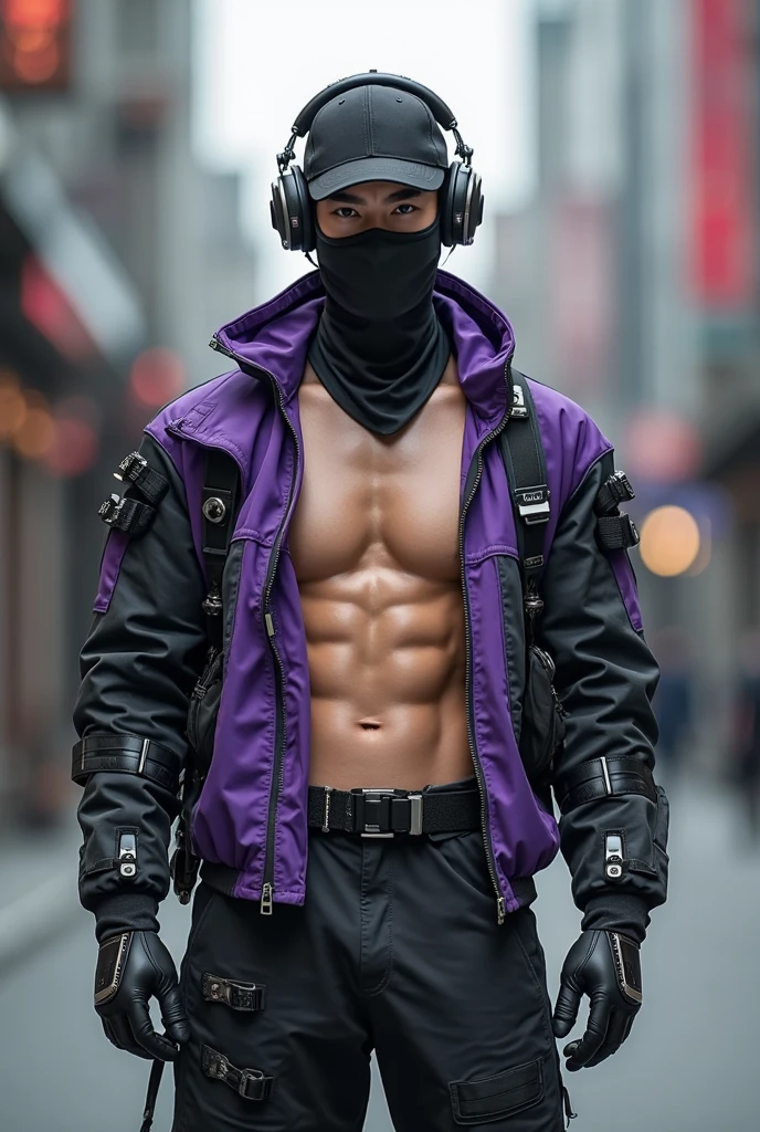 Teen male posing, skinny body, city, atmospheric, cute face, blue white hair, mask, dead inside, yellow hoody, dark lighting, tight boxers, bokeh, background blur