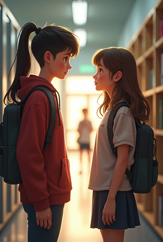 A girl and a boy looking at each other in a crowded school hallway