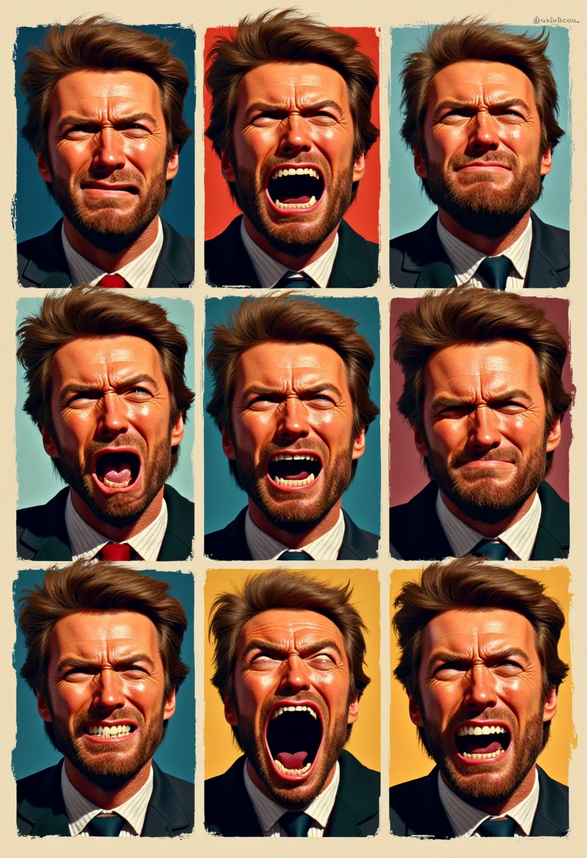 Create a board with eight vignettes each representing an emotion by Clint Eastwood. anger, le rire, la tristesse, absurdity, la fatigue, la peur, la folie, l'admiration. Each emotion is caricatured to the extreme, ce qui donne un effet comique d'un personnage qui ne maitrise pas ses émotions. 