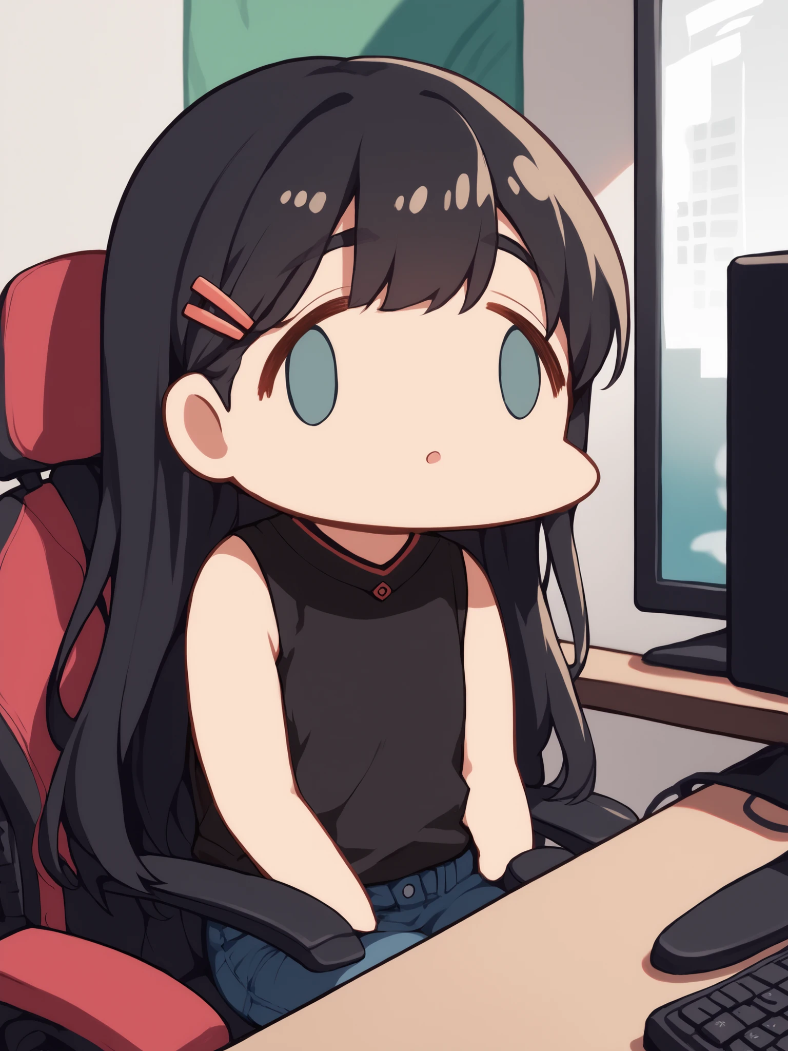face of the people who sank all their money into the fx (meme), chibi, 1woman, sitting, solo, black hair, long hair, sleeveless shirt, black hot pants, indoors, study, computer, gaming chair, desk,keyboard,anime style,source anime, 