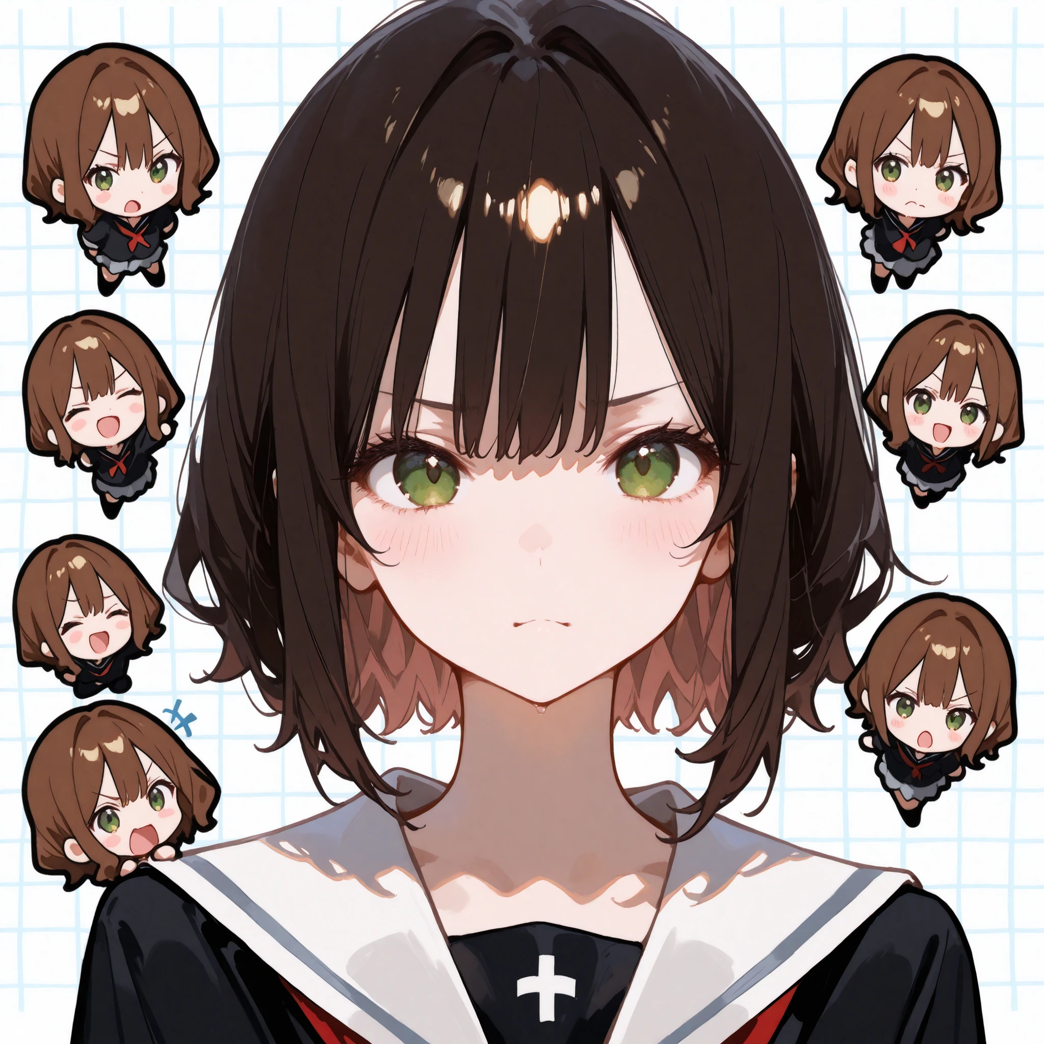 (masterpiece, Highest Quality, fully completed:1.4), 4K、（grid view）、Collage Art、Andy Warhol、Uneven frame splits、anime style、face focus, 1girl, full body image、elementary school student、Women、short、petite body、short hair、wavy hair、Brownish hair colour、Various expressions、Joy, anger, sorrow, and happiness、chibi, cute