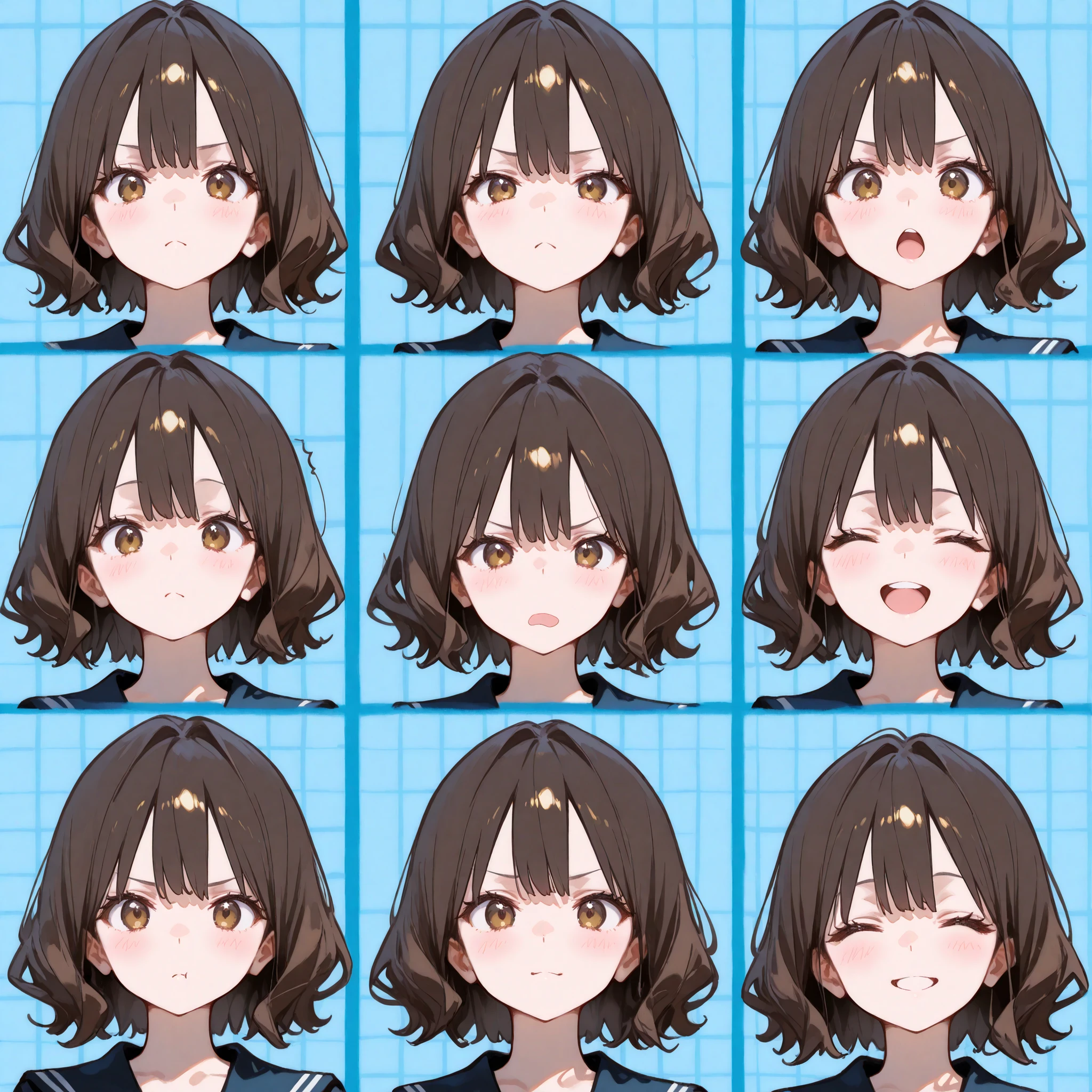 (masterpiece, Highest Quality, fully completed:1.4), 4K、（grid view）、Collage Art、Andy Warhol、Uneven frame splits、anime style、face focus, 1girl, full body image、elementary school student、Women、short、petite body、short hair、wavy hair、Brownish hair colour、Various expressions、Joy, anger, sorrow, and happiness、chibi, cute