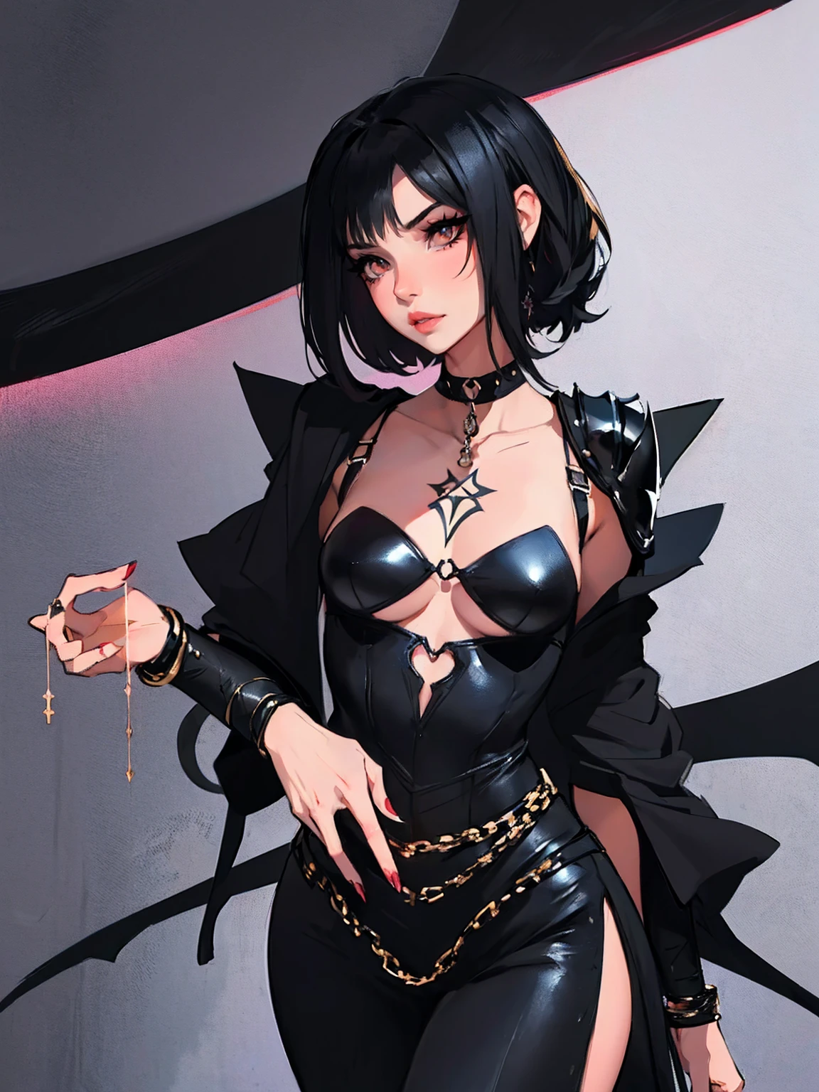 work of art, A beautiful girl, bright red eyes, big fit ass leg thighs, waist long, big fit ass , Legs long, black jacket with spikes, microbiquini, black jeans with chains, glitters and effects, black gloves without fingertips, vred, Waist slender, short abdomen, return to viewer, photo from bottom to top