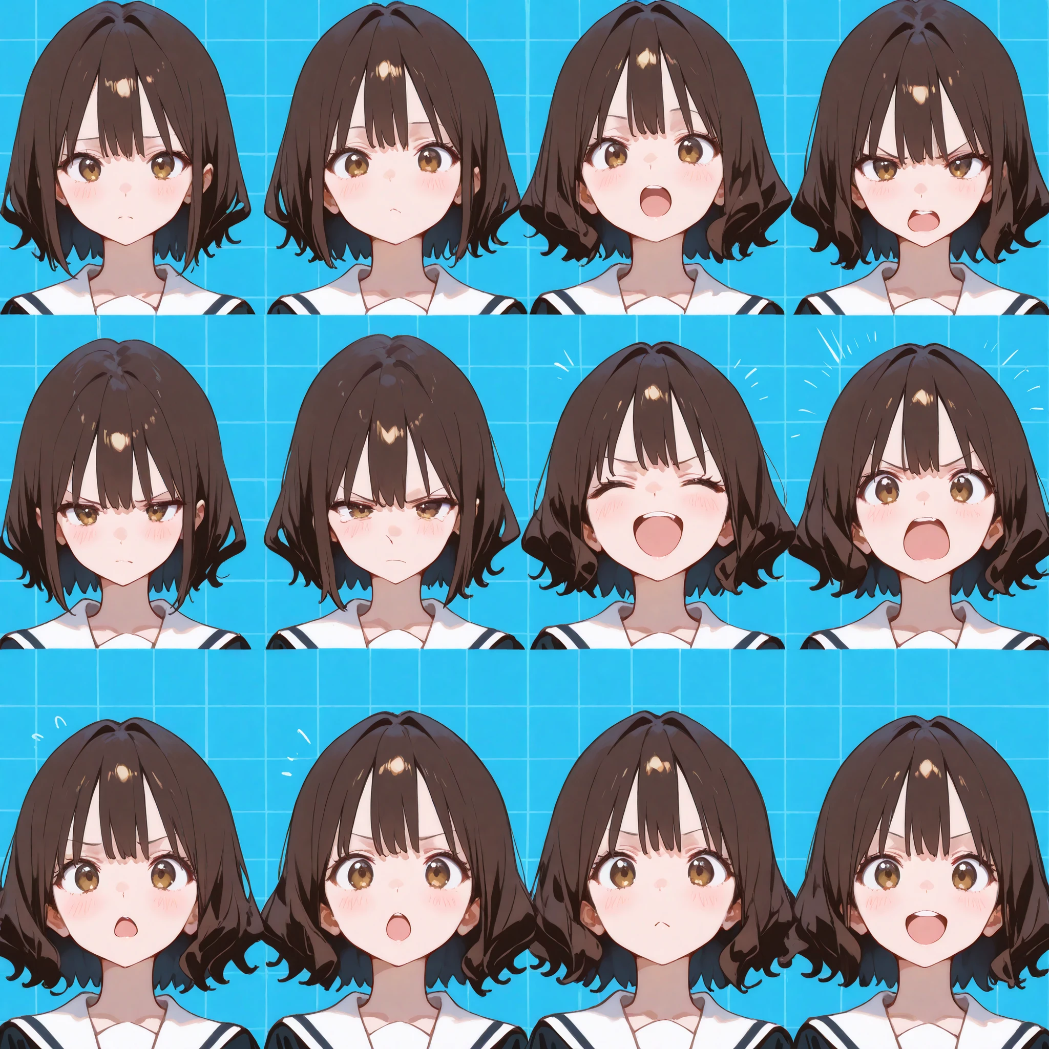 (masterpiece, Highest Quality, fully completed:1.4), 4K、（grid view）、Collage Art、Andy Warhol、Uneven frame splits、anime style、face focus, 1girl, full body image、elementary school student、Women、short、petite body、short hair、wavy hair、Brownish hair colour、Various expressions、Joy, anger, sorrow, and happiness、chibi, cute