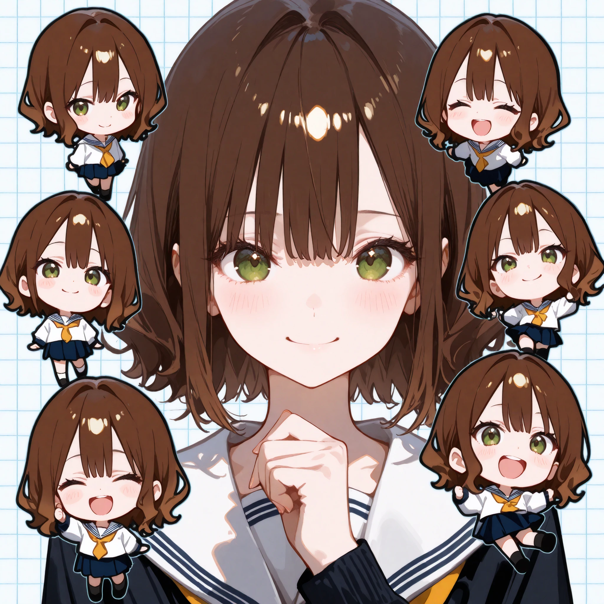 (masterpiece, Highest Quality, fully completed:1.4), 4K、（grid view）、Collage Art、Andy Warhol、Uneven frame splits、anime style、face focus, 1girl, full body image、elementary school student、Women、short、petite body、short hair、wavy hair、Brownish hair colour、Various expressions、Joy, anger, sorrow, and happiness、chibi, cute