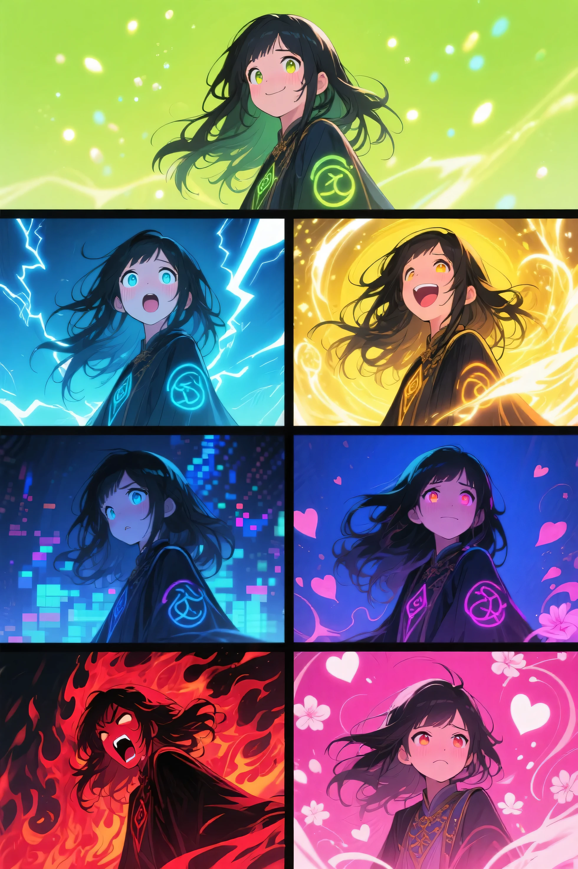 anime-style digital painting, a wide image split into six equal panels arranged in two rows of three, each showing the same magical girl expressing different emotions through her face, body, and magical aura

top row:
1. calm — gentle smile, background in vivid light green with floating soft sparkles  
2. surprised — wide eyes, background in electric blue with crackling lightning  
3. joyful — laughing brightly, background in bright yellow-gold with radiant magical energy

bottom row:
4. anxious — tense posture, background in saturated indigo with glitch-like flickers  
5. furious — screaming face, background in intense red with explosive fire and sharp shadows  
6. overwhelmed with love — blushing softly, background in vivid pink with glowing hearts and swirling petals

the girl has long black messy hair, wearing a fantasy-style robe with glowing runes that change color with emotion, each panel has magical visual effects matching the mood, full cinematic lighting, 3x2 layout with clear panel separation, anime illustration, vibrant and dramatic, trending on ArtStation, high detail,