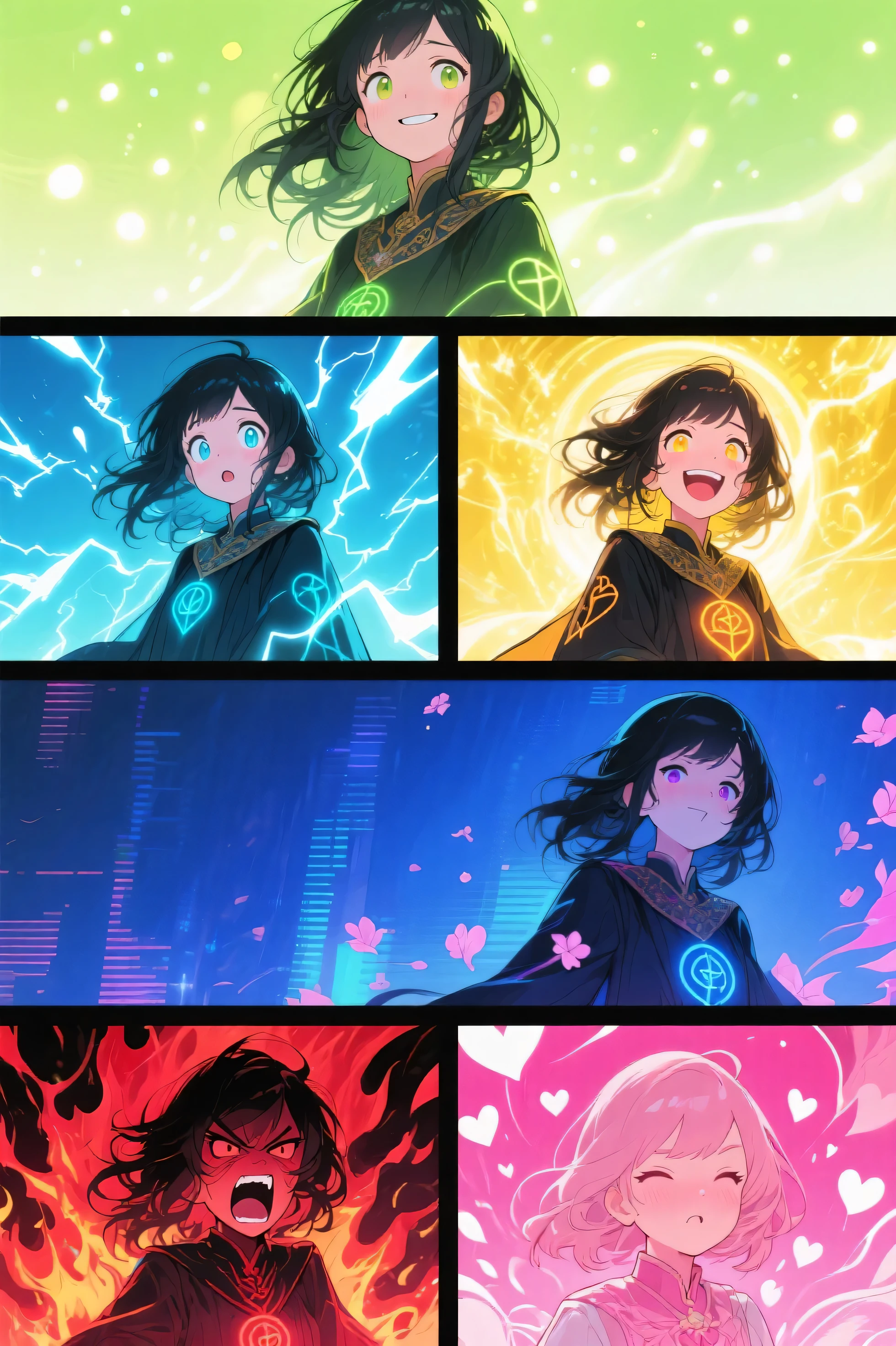anime-style digital painting, a wide image split into six equal panels arranged in two rows of three, each showing the same magical girl expressing different emotions through her face, body, and magical aura

top row:
1. calm — gentle smile, background in vivid light green with floating soft sparkles  
2. surprised — wide eyes, background in electric blue with crackling lightning  
3. joyful — laughing brightly, background in bright yellow-gold with radiant magical energy

bottom row:
4. anxious — tense posture, background in saturated indigo with glitch-like flickers  
5. furious — screaming face, background in intense red with explosive fire and sharp shadows  
6. overwhelmed with love — blushing softly, background in vivid pink with glowing hearts and swirling petals

the girl has long black messy hair, wearing a fantasy-style robe with glowing runes that change color with emotion, each panel has magical visual effects matching the mood, full cinematic lighting, 3x2 layout with clear panel separation, anime illustration, vibrant and dramatic, trending on ArtStation, high detail,
