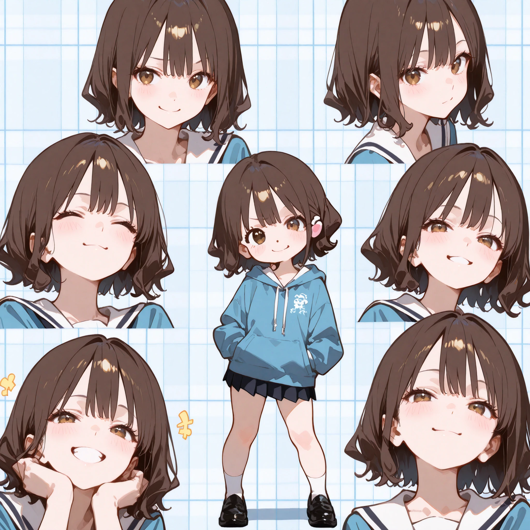 (masterpiece, Highest Quality, fully completed:1.4), 4K、（grid view）、Collage Art、Andy Warhol、Uneven frame splits、anime style、face focus, 1girl, full body image、elementary school student、Women、short、petite body、short hair、wavy hair、Brownish hair colour、Various expressions、Joy, anger, sorrow, and happiness、chibi, cute