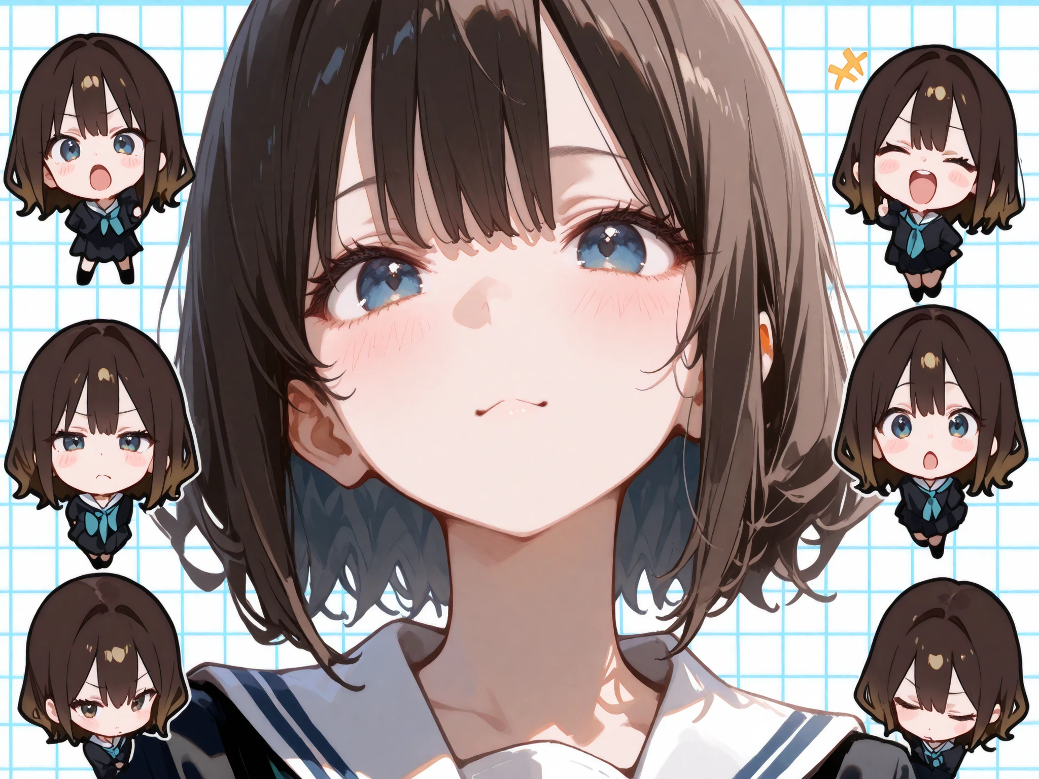 (masterpiece, Highest Quality, fully completed:1.4), 4K、（grid view）、Collage Art、Andy Warhol、Uneven frame splits、anime style、face focus, 1girl, full body image、elementary school student、Women、short、petite body、short hair、wavy hair、Brownish hair colour、Various expressions、Joy, anger, sorrow, and happiness、chibi, cute