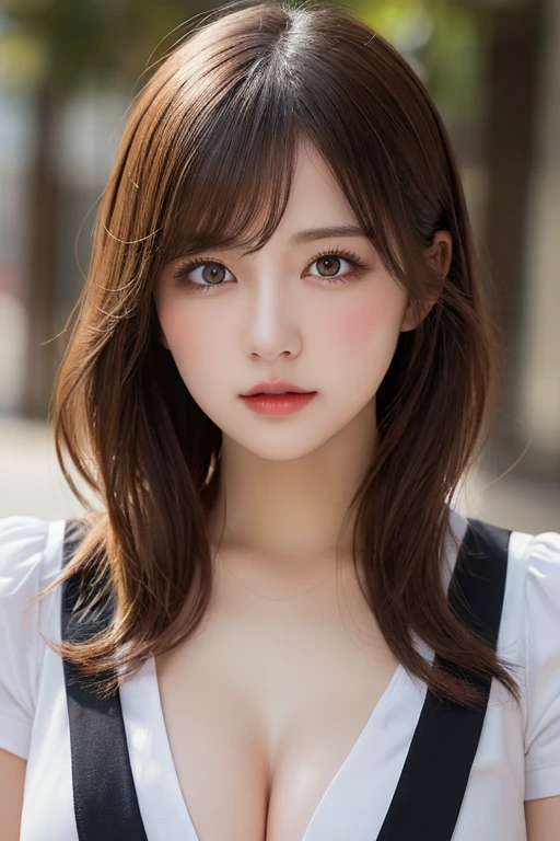 8K, masutepiece, Raw photo, Best Quality, Photorealistic, extremely detailed CG unified 8k wallpaper, depth of fields, Cinematic Light, Lens Flare, Ray tracing, 1girl in, bblurry, Blurry_Background, brown_Eyes, brown_hair, Depth_In the_field, 耳Nipple Ring, florals, full_Moon, hair_flower, hair_ornament detached, Sakurazaka46, Rena Moriya