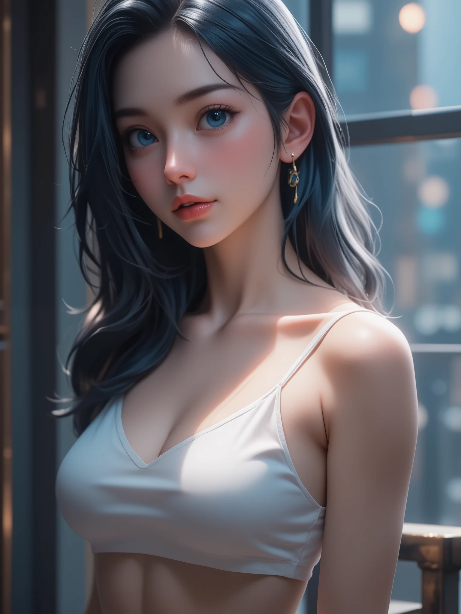 super realism, dark blue hair, super high resolution, 8k, master piece, sublime, fractal, intricate, high quality CG, Beautiful CG, Soft Light, fashion brand image, Fashionable and casual, The Tyndall effect, lifelike, studio, Side lighting, (HD Skin:1.2), 8K超高清, high quality, Volumetric lighting, confess, photography, 超High resolution, Bokeh, Shallow depth of field, white camisole, cleavage