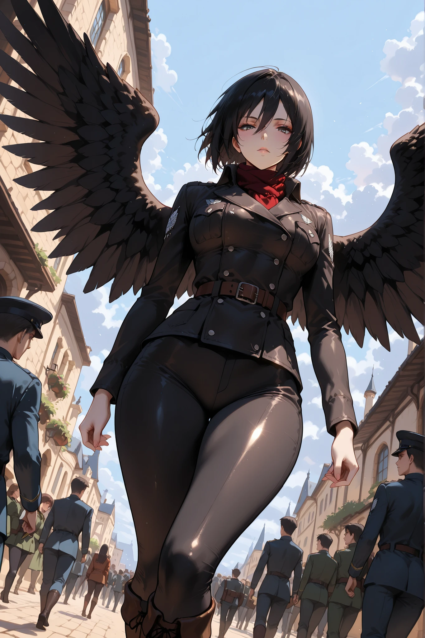 dutch angle ,powerful scene,Masterpiece, best quality,mature female, Mikasa, beautiful eyes, beautiful face, dark grey eyes, sexy mouth, pale skin, black hair, seductive eyes, European girl,black,thick thighs, military uniform, wings of freedom, black boots,shiny skin, teeth,Serious expression,,look at viewer,,thick thighs, outdoor, at battlecourt, victorian style building,crowd.