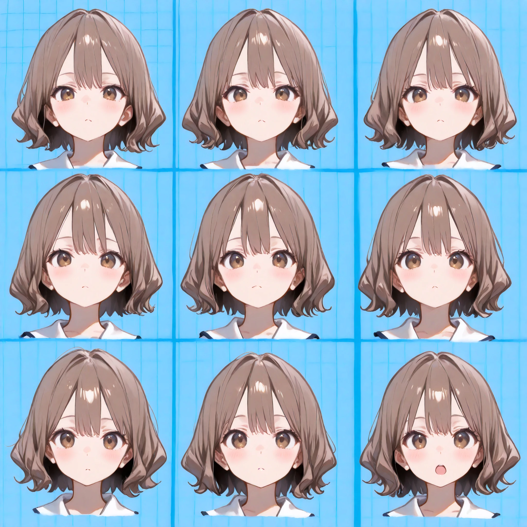 (masterpiece, Highest Quality, fully completed:1.4), 4K、（grid view）、Collage Art、Andy Warhol、Uneven frame splits、anime style、face focus, 1girl, full body image、elementary school student、Women、short、petite body、short hair、wavy hair、Brownish hair colour、Various expressions、Joy, anger, sorrow, and happiness、chibi, cute