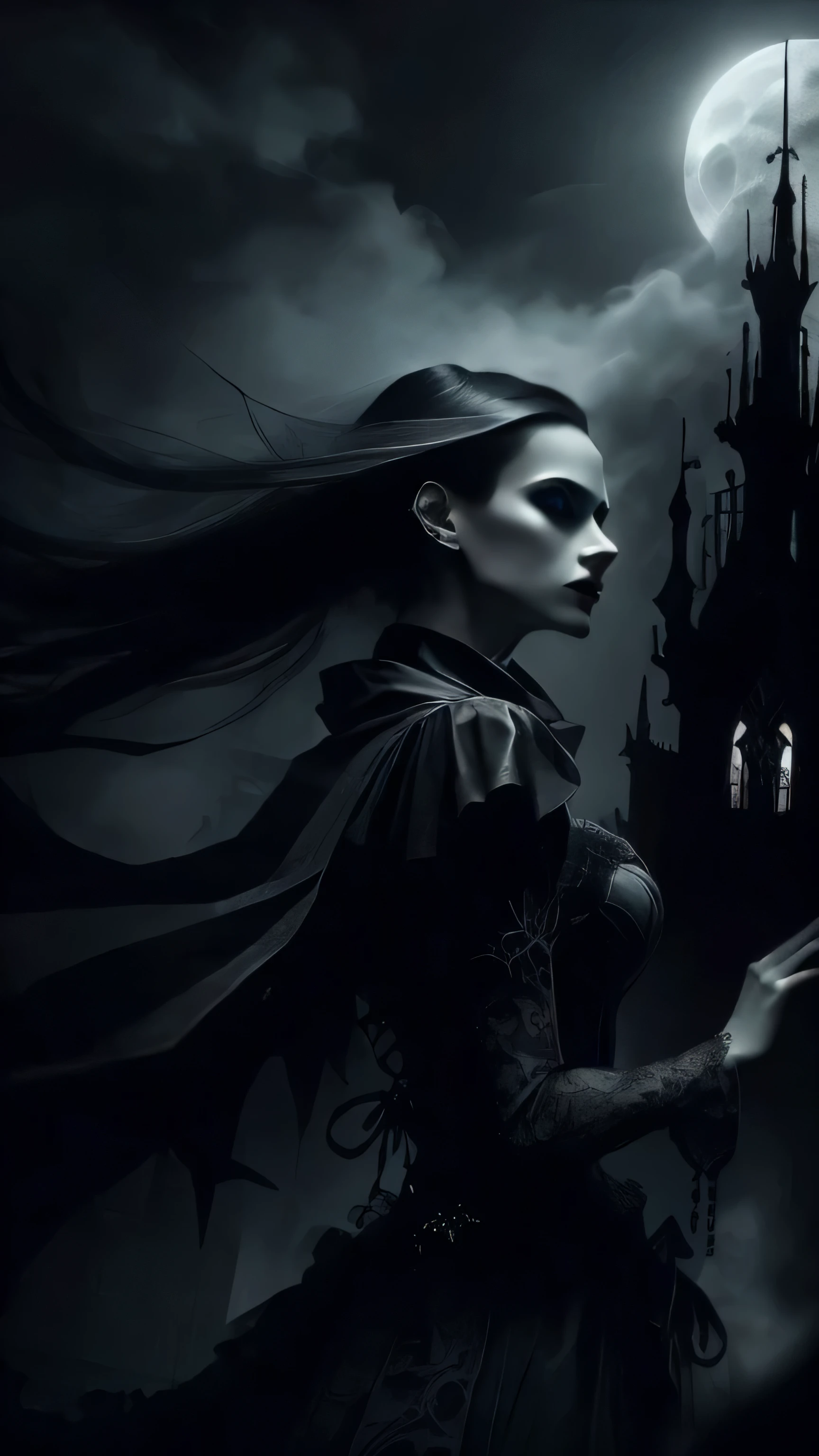 Book cover, cinematic close up portrait of beautiful gothic woman, stood before a gothic castle that looms and towers above, moonlight glistens through the towers, mist hovering over the ground, long white hair blowing in the wind, wearing red gothic corset, red scarf, billowing, ethereal, spectral, glowing, ghostly, ethereal, pale white eyes no pupils, bzwaves