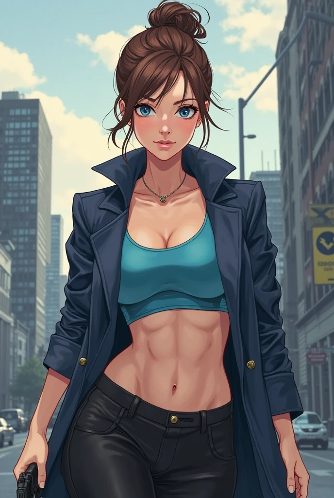 16K, HDR, ray tracing, RTX, ultra realistic, highres,  best quality, masterpiece, half body image, (perfect anatomy ), a beautiful mature edgy cool sassy girlfriend posing for a photograph in an alleyway, wearing a modern white t-shirt with a black off shoulder jacket, light blue jeans, brown ponytail, bangs, happy chuckle, carrying a brown leather hand bad, blue eyes, muscular lean body, looking at the camera, day time, blue sky, anime style, outdoors, trending on artstation, WLOP, sakimichan, award wining, great composition, perfect, great lighting