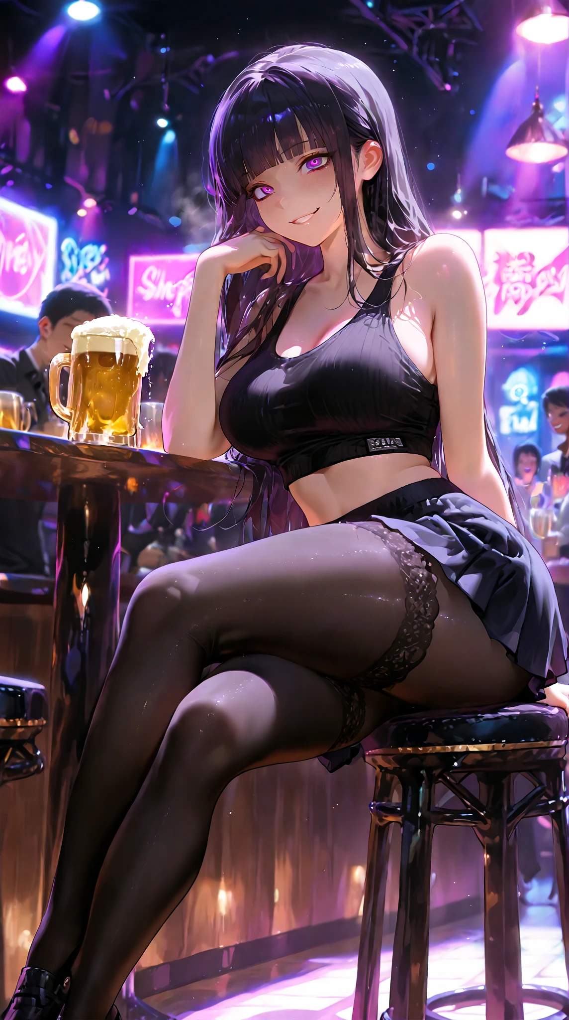 Anime style, a 30-year-old woman with realistic anatomy. She has short, stylish hair, long legs, wide hips, a small waist, and large breasts. She is wearing a tight corset, black strappy high heels, and fishnet stockings. She has bunny ears on her head and is lying on her side in a bar with cool lighting. Her expression is with an open mouth and blushing cheeks.