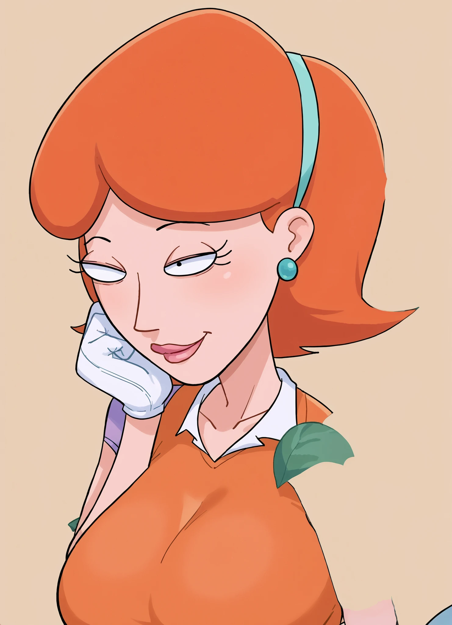 score_9, score_8_up, score_7_up, REST, a girl, Alone, breasts , mature female, Linda Flynn Fletcher , makeup, collector, earrings, big breasts , short hair, big butt antro , simple background, Alone focus mirando al espectador, gunman ,