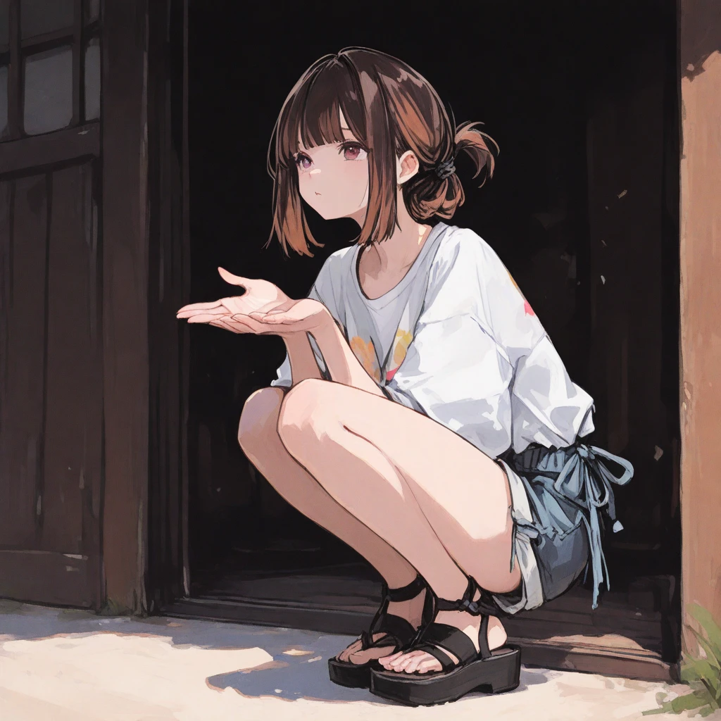 squatting,open legs、Legs2Book、Pussy、M-shaped legs、Spread your legs、sit on the step、In town、bustling street、cap、Shoulder bag、mini skirt、Private Server、Girl、Girl、Younger、Baby Face、flat chest、forehead、Dynamic Angle、I am going to cry、ground