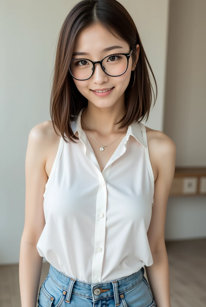 (masutepiece, Best Quality, Capture super cute moments, depth of fields, ultra-detailliert, Ultra High Resolution, C4D, Octadale, 3D Modeling, 8K, 16 K, one girls、a junior high school student、A dark-haired、short-hair、straight haired、Light brown eyes,hair adornments、wearing black glasses、A smile)、Slender body、small tits、Camisole、futon bedding、all-fours