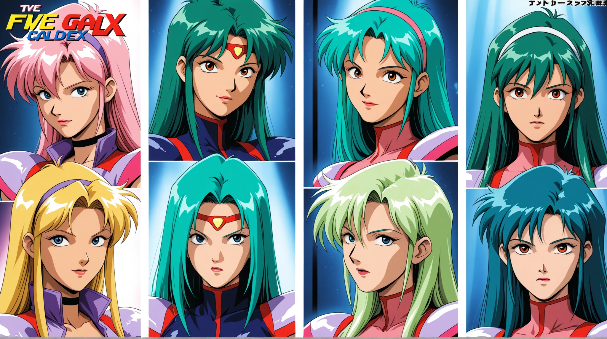 Time Gal with long green hair, Emotion Codex, five comic panels showing different emotions, natural lighting, in a highly detailed anime style