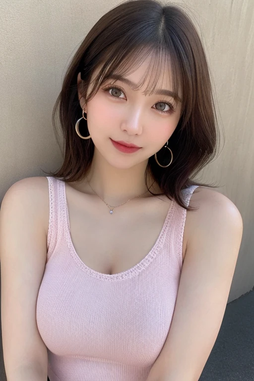 pretty woman, short hair, boy's short hair with white brown hair, con rulos en las puntas, all her hair white brown, with a star clip in her white brown hair, ojos de color claro, ojos bonitos, ojos llorosos, nariz bonita y respingada, nariz lloroso, labios bonitos, labios rosas, heart and cupid shaped lip, piel bonita, pale, piel blanca, con lunares y pecas en todo el rostro, rubor rosa suave en las mejilla, rubor rosa natural, maquillaje suave y rosa, boy, cuello bonito, cuello marcado, frown, mirada tierna, con un collar de beso, un collar bonito de beso, parecido a Yumeko Jabami, mientras lleva puesto un Crochet YK2, with a YK2 style brown mini skirt, mientras tiene el abdomen desnudo, delgado, marcado y bonito, (pechos grandes, pechos suaves, pechos bonitos), mientras esta haciendo cospaly del personaje Yumeko Jabami, del anime Kakegurui, mirando a la camara, autofoto, selfie bonita