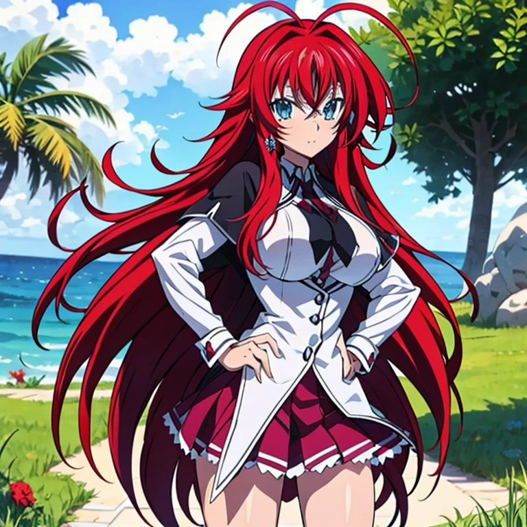 anime art style, 2d, masterpiece, best quality, very aesthetic, absurdres, dynamic shadows, atmosferic, (1girl), rias_gremory,, high_school_dxd, solo, red hair, antenna hair, long hair, blue eyes, detailed eyes, hair between eyes, bangs, medium breasts, curvy body, makeup, (school uniform:1.0), (miniskirt:1.0), black ribbon, pleated skirt, frilled skirt, purple skirt, white shirt, puffy sleeves, bare arms, short sleeves, black shoes, white socks, (ahegao), tongue, saliva, (cowboy shot), from behind, (wariza), (looking at viewer), clouds, day, beach, sea