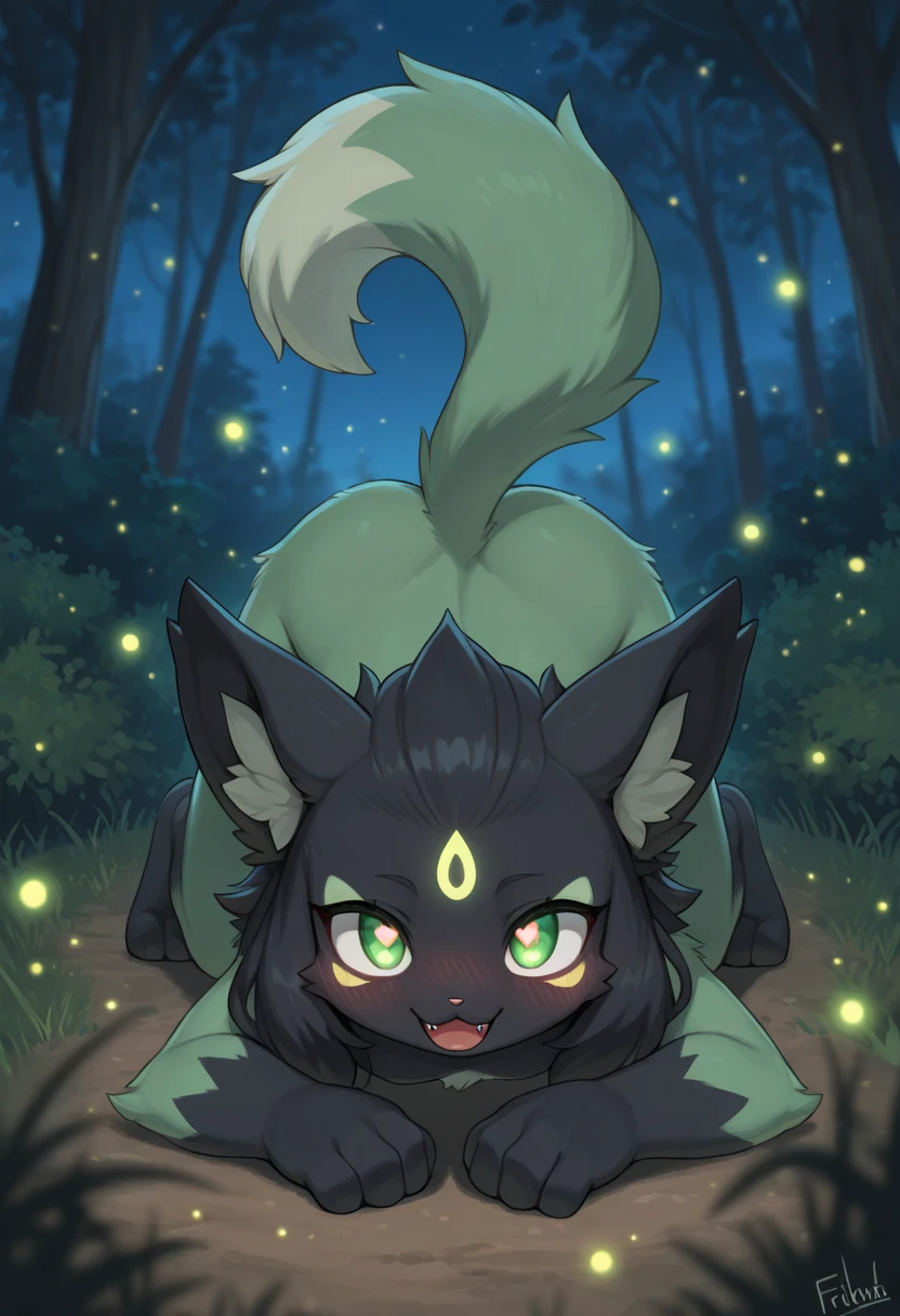 (dark type cat pokemon),normal cat, first evolutionary stage, quadrupedal, dark appearance, Solo,purple eyes,forest background,night, bright eyes, cute appearance,face with a slutty smile, blushing and an intimidating appearance.(maximum detail , Backlit, 4K)